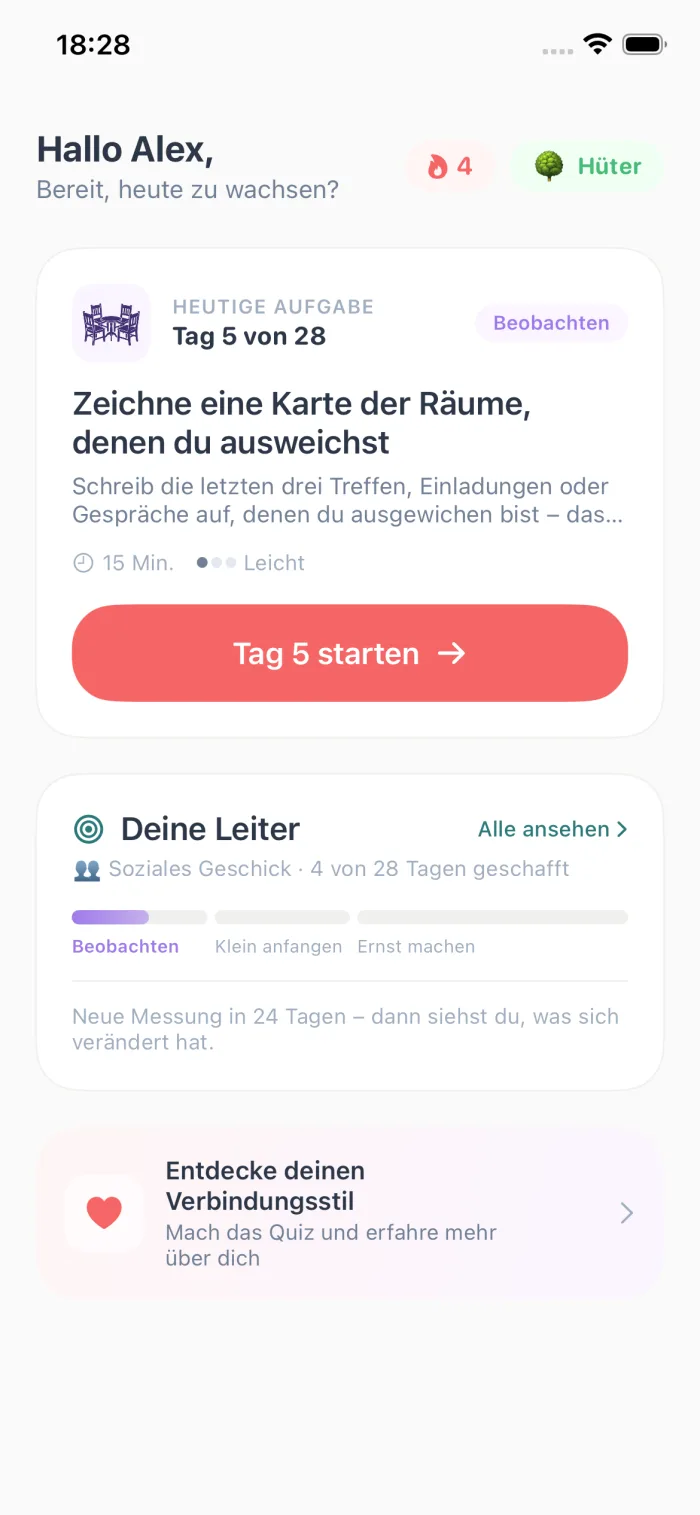 Der Home-Screen von Ethea mit der Aufgabe des Tages