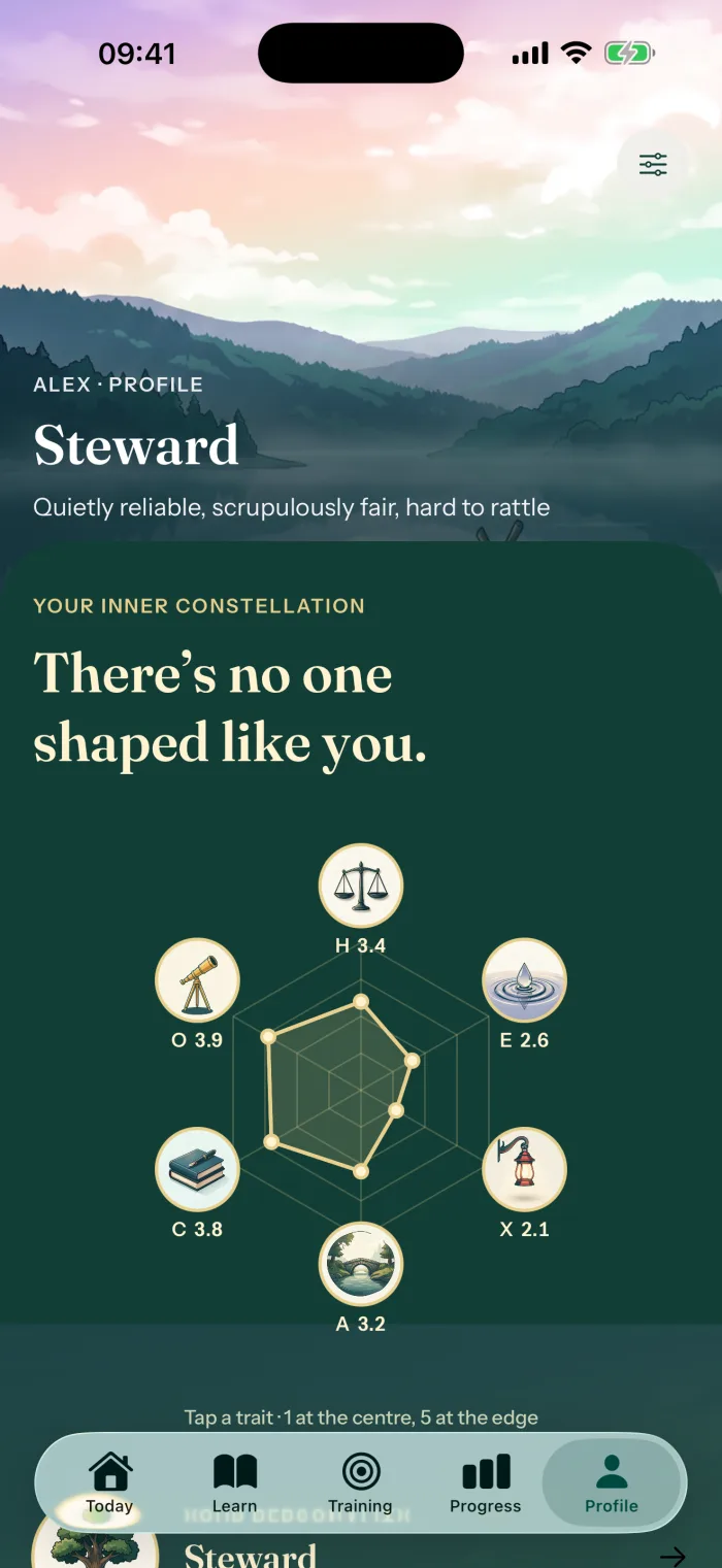 The Ethea profile screen showing your six HEXACO traits as a constellation